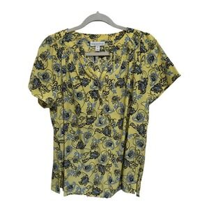 Dana Buchman Yellow Blue Floral Paisley Print Short Sleeve Blouse Size XL